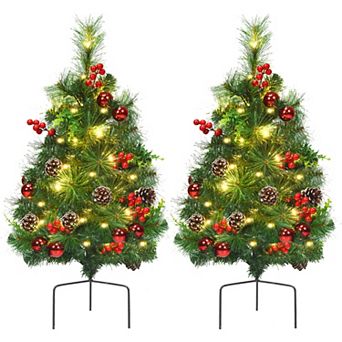 Gymax 2 pc Pre-Lit Christmas Tree Artificial Pathway Xmas Tree w/ 8 Flash Modes