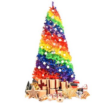 Gymax 7 ft Colorful Rainbow Hinged Christmas Tree Holiday Decor w/ Metal Stand