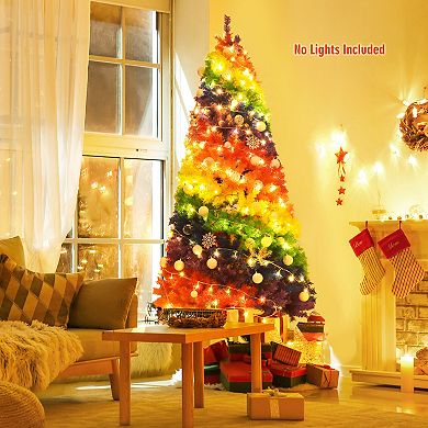 Gymax 7 ft Colorful Rainbow Hinged Christmas Tree Holiday Decor w/ Metal Stand