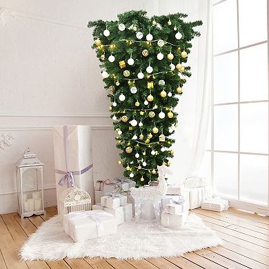 Gymax 7ft Artificial Upside Down Christmas Tree Holiday Decoration w/ Metal Stand