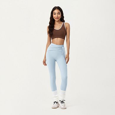 Women's Ribbed Knit High Waist Leggings with Wrap Tie Waistband and Contrast Cuffed Hem