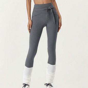 Women's Ribbed Knit High Waist Leggings with Wrap Tie Waistband and Contrast Cuffed Hem