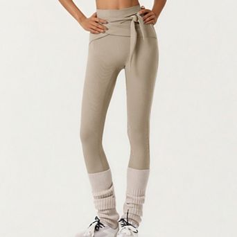 Women's Ribbed Knit High Waist Leggings with Wrap Tie Waistband and Contrast Cuffed Hem