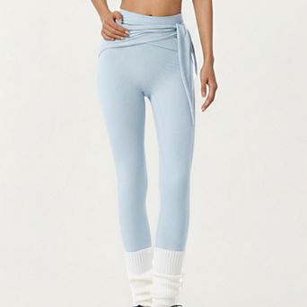 Women's Ribbed Knit High Waist Leggings with Wrap Tie Waistband and Contrast Cuffed Hem