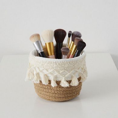 Round Woven Storage Basket with Tassel Fringe and Textured Rope Design