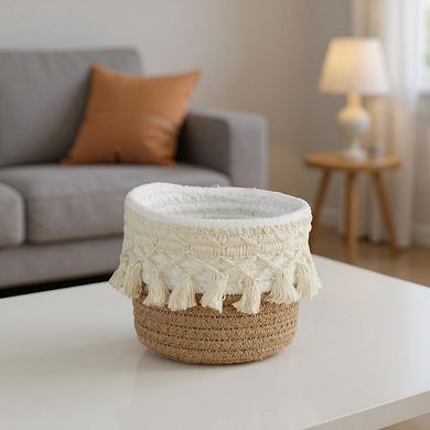 Round Woven Storage Basket with Tassel Fringe and Textured Rope Design