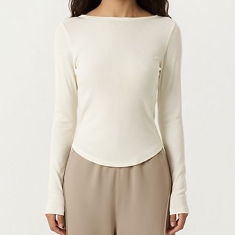 Women's Long Sleeve Rib Knit Top with Boat Neckline and Slim Fit Silhouette