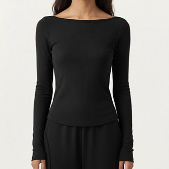 Women's Long Sleeve Rib Knit Top with Boat Neckline and Slim Fit Silhouette