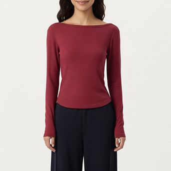Women's Long Sleeve Rib Knit Top with Boat Neckline and Slim Fit Silhouette