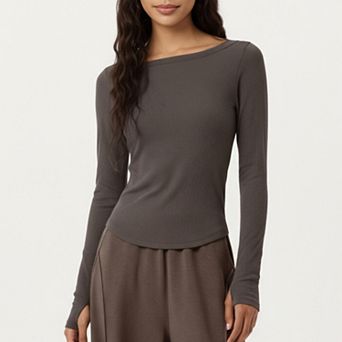 Women's Long Sleeve Rib Knit Top with Boat Neckline and Slim Fit Silhouette
