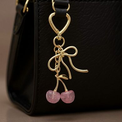 Gold Bow Keychain with Pink Cherry Charms and Heart Clasp