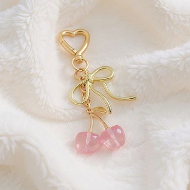 Gold Bow Keychain with Pink Cherry Charms and Heart Clasp