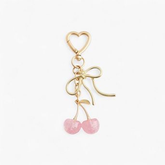 Gold Bow Keychain with Pink Cherry Charms and Heart Clasp