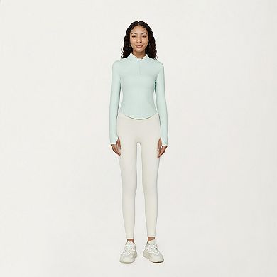 Women's Long Sleeve Ribbed Knit Half Zip Top with Curved Hem and Fitted Silhouette