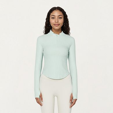 Women's Long Sleeve Ribbed Knit Half Zip Top with Curved Hem and Fitted Silhouette