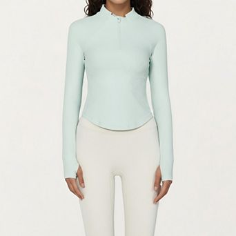 Women's Long Sleeve Ribbed Knit Half Zip Top with Curved Hem and Fitted Silhouette