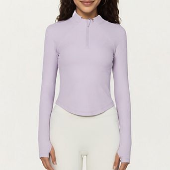 Women's Long Sleeve Ribbed Knit Half Zip Top with Curved Hem and Fitted Silhouette