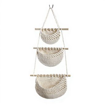 3 tier Woven Hanging Storage Baskets with Wooden Rods and Rope Hanger