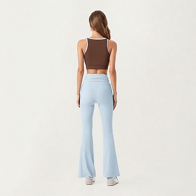 Women's Ribbed Knit Flare Pants with Wrap Tie Waistband and High Waist Silhouette