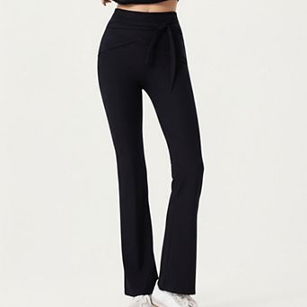 Women's Ribbed Knit Flare Pants with Wrap Tie Waistband and High Waist Silhouette