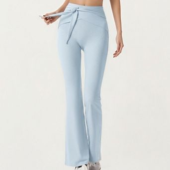 Women's Ribbed Knit Flare Pants with Wrap Tie Waistband and High Waist Silhouette