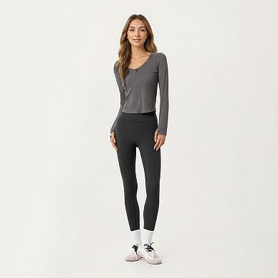 Women's Long Sleeve Zip Front Cropped Jacket with Contoured Seams and Thumbhole Cuffs