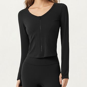 Women's Long Sleeve Zip Front Cropped Jacket with Contoured Seams and Thumbhole Cuffs