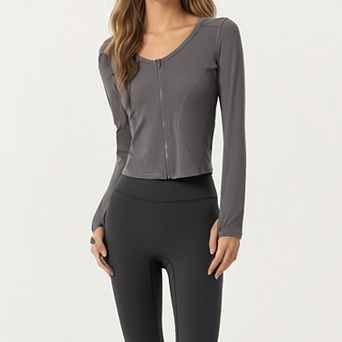 Women's Long Sleeve Zip Front Cropped Jacket with Contoured Seams and Thumbhole Cuffs