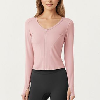 Women's Long Sleeve Zip Front Cropped Jacket with Contoured Seams and Thumbhole Cuffs