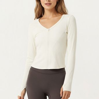 Women's Long Sleeve Zip Front Cropped Jacket with Contoured Seams and Thumbhole Cuffs
