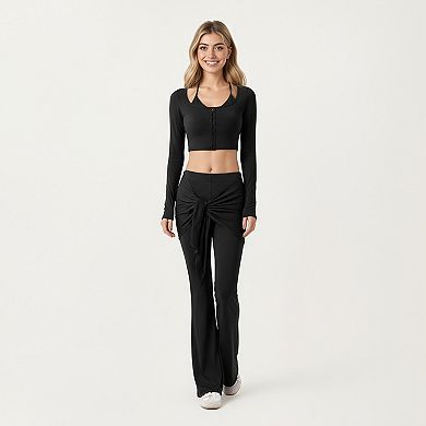 Women's Long Sleeve Cropped Button Front Top with Square Neckline and Fitted Silhouette