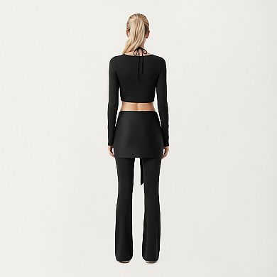 Women's Long Sleeve Cropped Button Front Top with Square Neckline and Fitted Silhouette