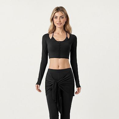 Women's Long Sleeve Cropped Button Front Top with Square Neckline and Fitted Silhouette