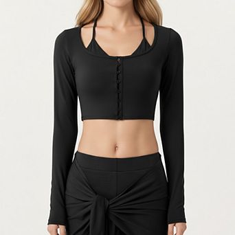 Women's Long Sleeve Cropped Button Front Top with Square Neckline and Fitted Silhouette