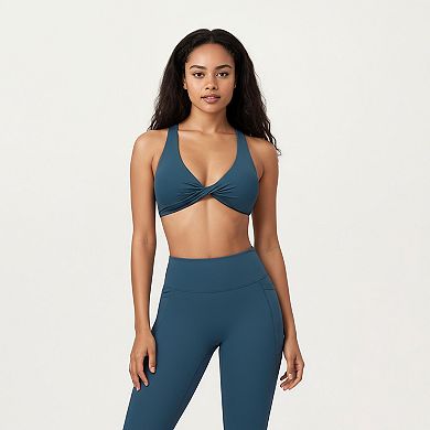 Women's Twist Front Halter Sports Bra Top with Supportive Wide Straps