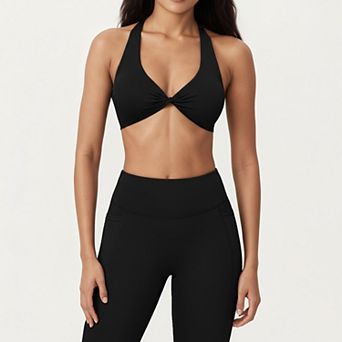 Women's Twist Front Halter Sports Bra Top with Supportive Wide Straps