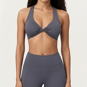 Women's Twist Front Halter Sports Bra Top with Supportive Wide Straps