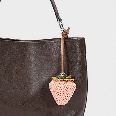 Realistic Strawberry Charm Keychain with Faux Leather Strap