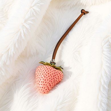 Realistic Strawberry Charm Keychain with Faux Leather Strap