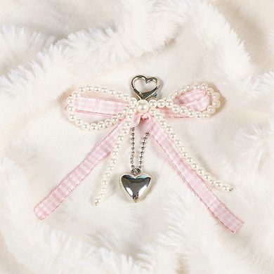 Ribbon Pearl Bow Keychain with Silver Heart Charm and Gingham Accent