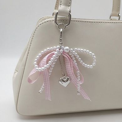 Ribbon Pearl Bow Keychain with Silver Heart Charm and Gingham Accent