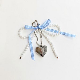 Ribbon Pearl Bow Keychain with Silver Heart Charm and Gingham Accent