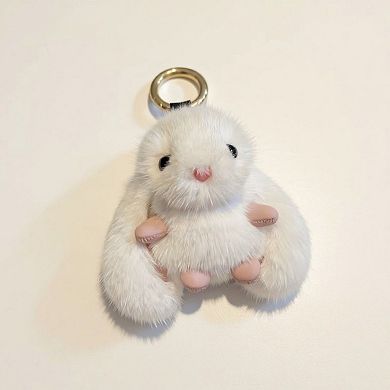 Plush Bunny Keychain with Soft Faux Fur and Gold Ring Attachment