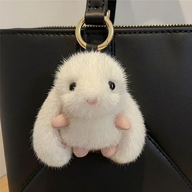 Plush Bunny Keychain with Soft Faux Fur and Gold Ring Attachment
