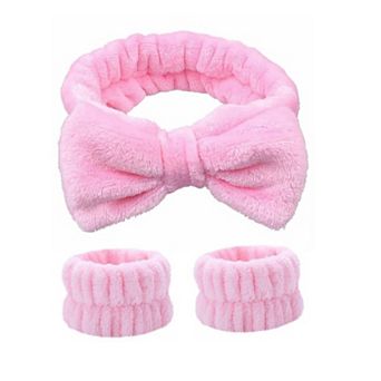 Plush Bow Spa Headband and Wristband Set for Face Washing and Skincare