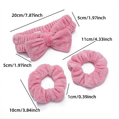 Plush Bow Spa Headband and Wristband Set for Face Washing and Skincare
