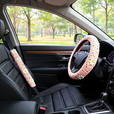 3-Piece Crochet Car Steering Wheel and Seat Belt Cover Set