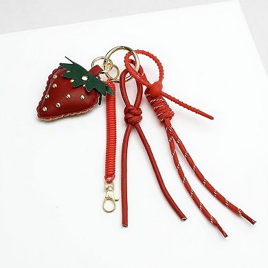 Strawberry Charm Keychain with Faux Leather Straps and Gold-Tone Details