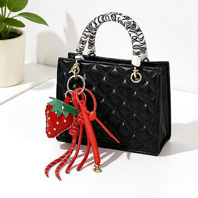 Strawberry Charm Keychain with Faux Leather Straps and Gold-Tone Details