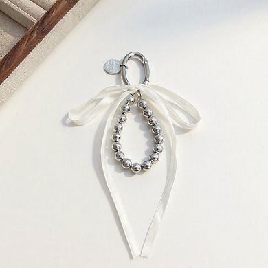 Silver Bead Charm Keychain with Velvet Ribbon Bow